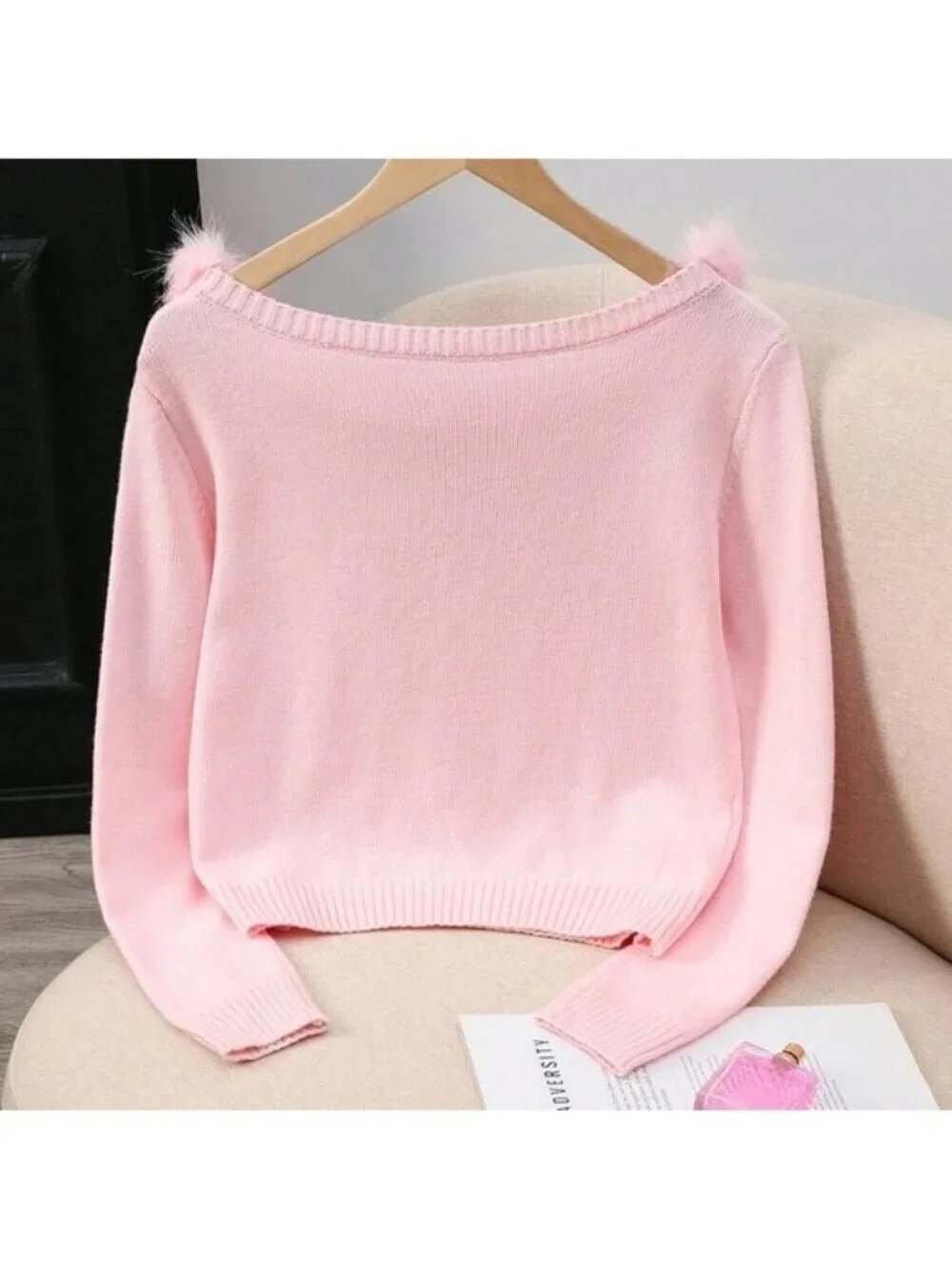 Pink Casual Women's Elegant Patchwork Fur Collar Sweater Cloth - Picture 2 of 7